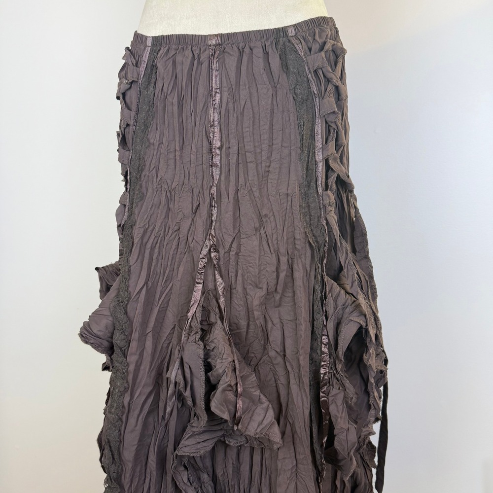 NWT Surrealist Brown Fairy Crinkle Ruffle Maxi Skirt Lace Up Ribbon Boho Whimsy - Picture 2 of 11